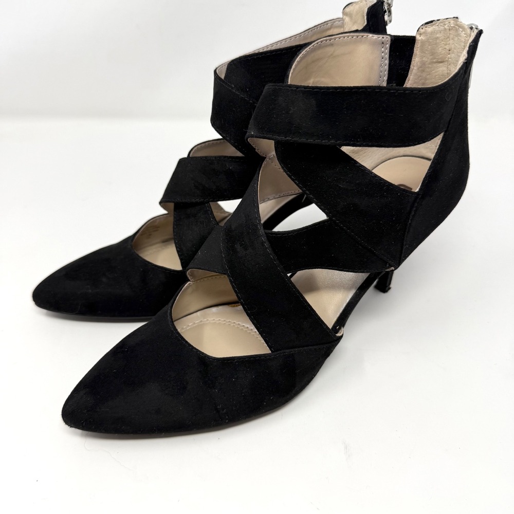 Unisa Black Faux Suede Strappy Pointed Toe Heels Back Zip Pump Womens 7.5